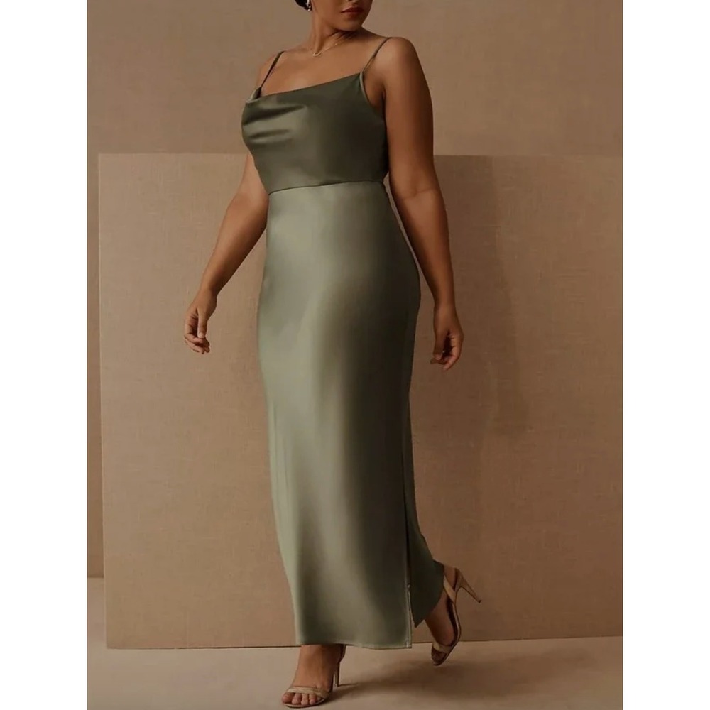 BHLDN x ANTHROPOLOGIE Cali Satin Cowl-Neck Midi Slip Dress in Moss Green